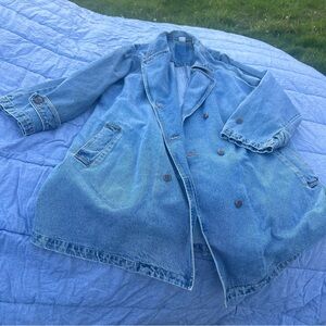 Vintage Double Breasted Denim Trench with Oklahoma Buttons Barn Coat Size 18/20